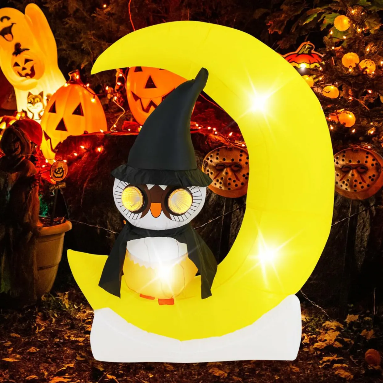 Tangkula 5.1 FT Inflatable Owl on Moon, LED Lighted Halloween Decoration with Large Moon & Wizard Owl