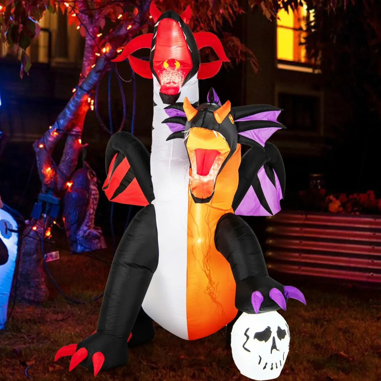 Tangkula 8 FT Inflatable Twin-Headed Dragon Decoration, Giant Halloween Inflatables with 5 LED Lights