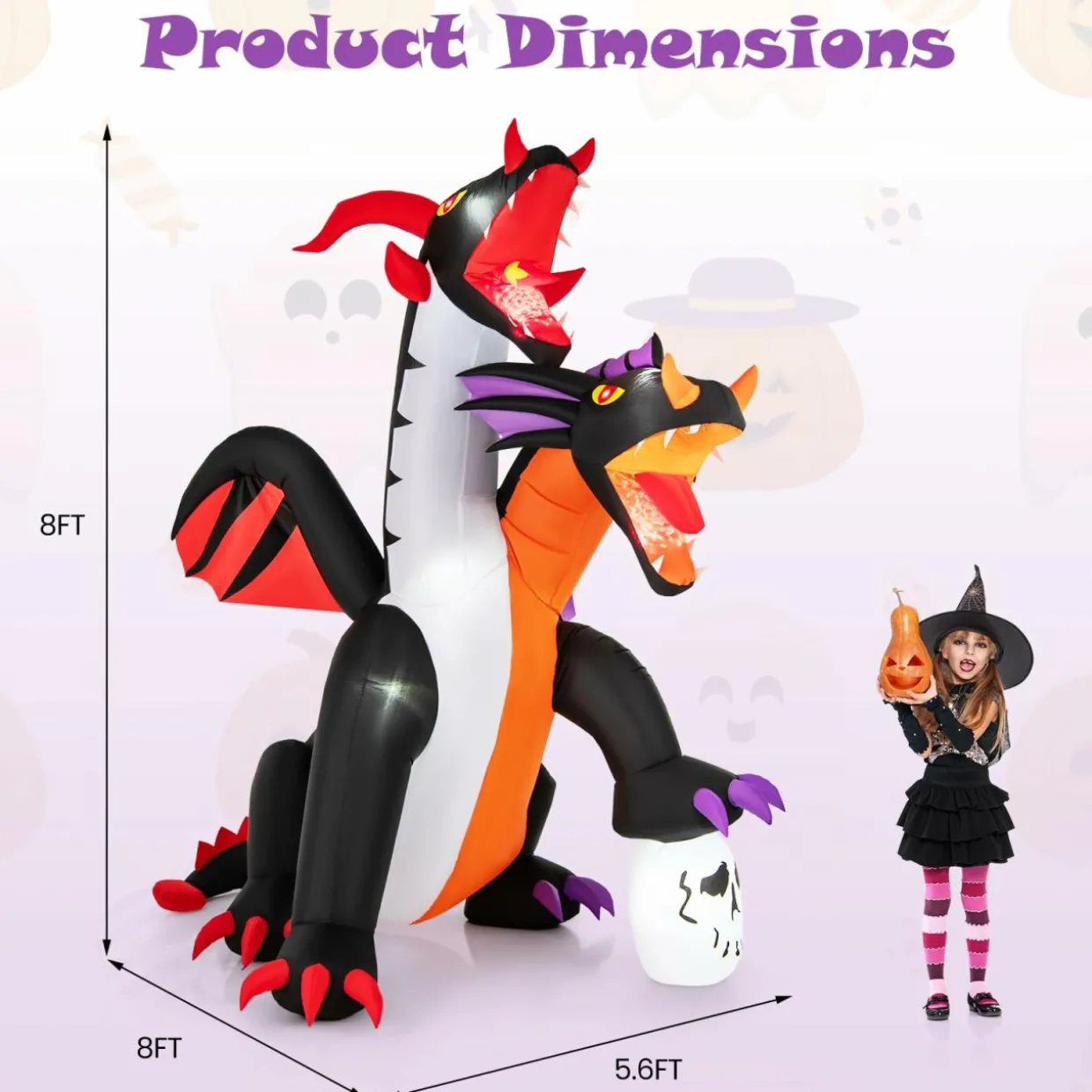 Tangkula 8 FT Inflatable Twin-Headed Dragon Decoration, Giant Halloween Inflatables with 5 LED Lights