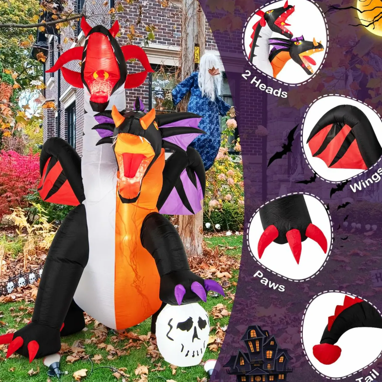 Tangkula 8 FT Inflatable Twin-Headed Dragon Decoration, Giant Halloween Inflatables with 5 LED Lights