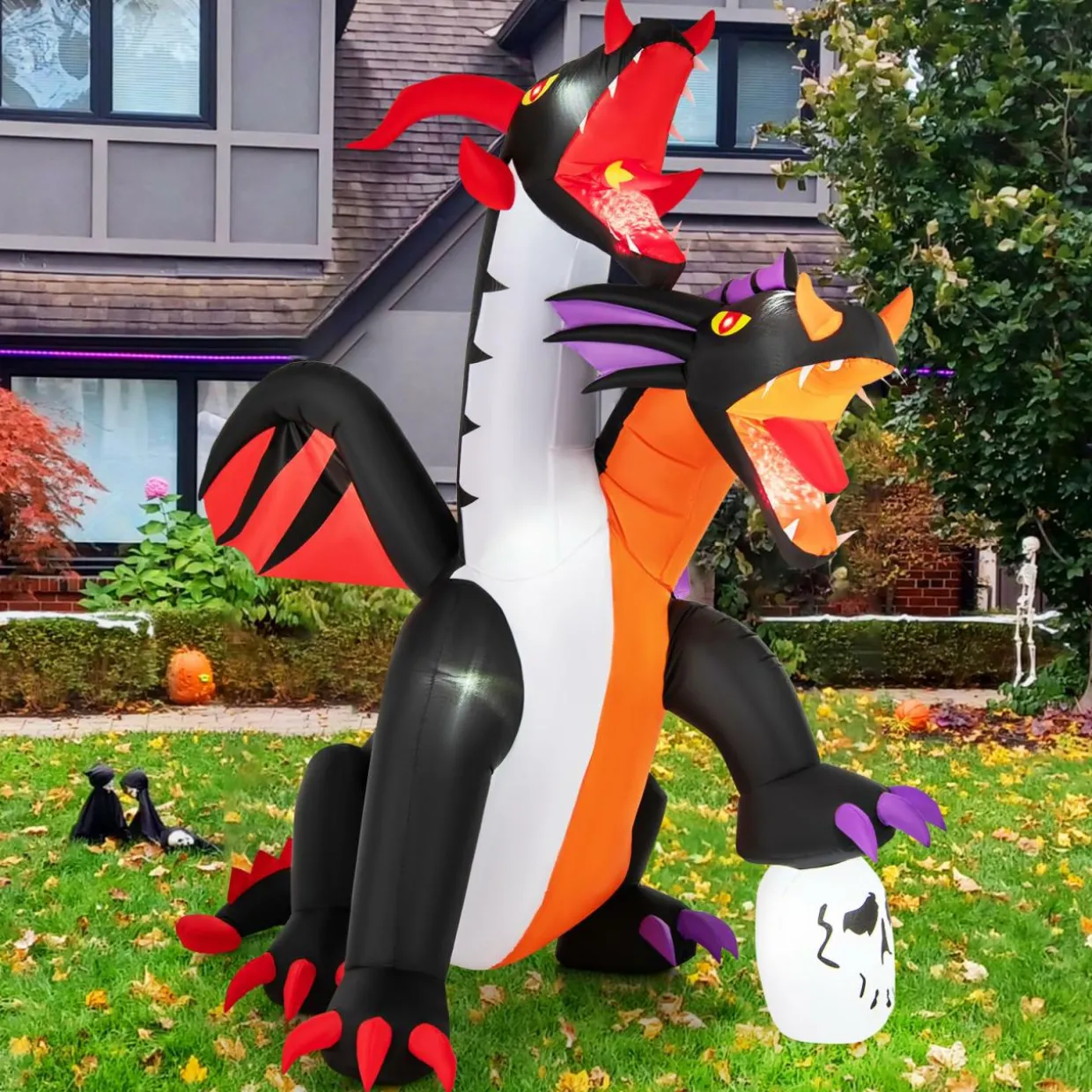 Tangkula 8 FT Inflatable Twin-Headed Dragon Decoration, Giant Halloween Inflatables with 5 LED Lights