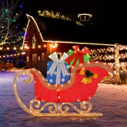 Tangkula 4 FT Lighted Christmas Sleigh Decoration, Lighted Santa