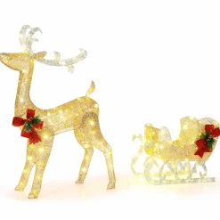 Tangkula 4.7 FT Lighted Christmas Reindeer & Sleigh, Xmas Lighted Outdoor Decoration with 100 Warm Lights