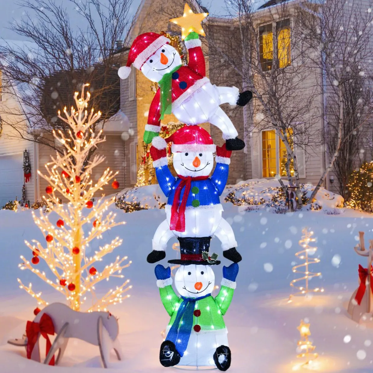 Tangkula 6 FT Lighted Christmas Stacked Snowman Set, Light-up Christmas Decoration with 155 LED Lights