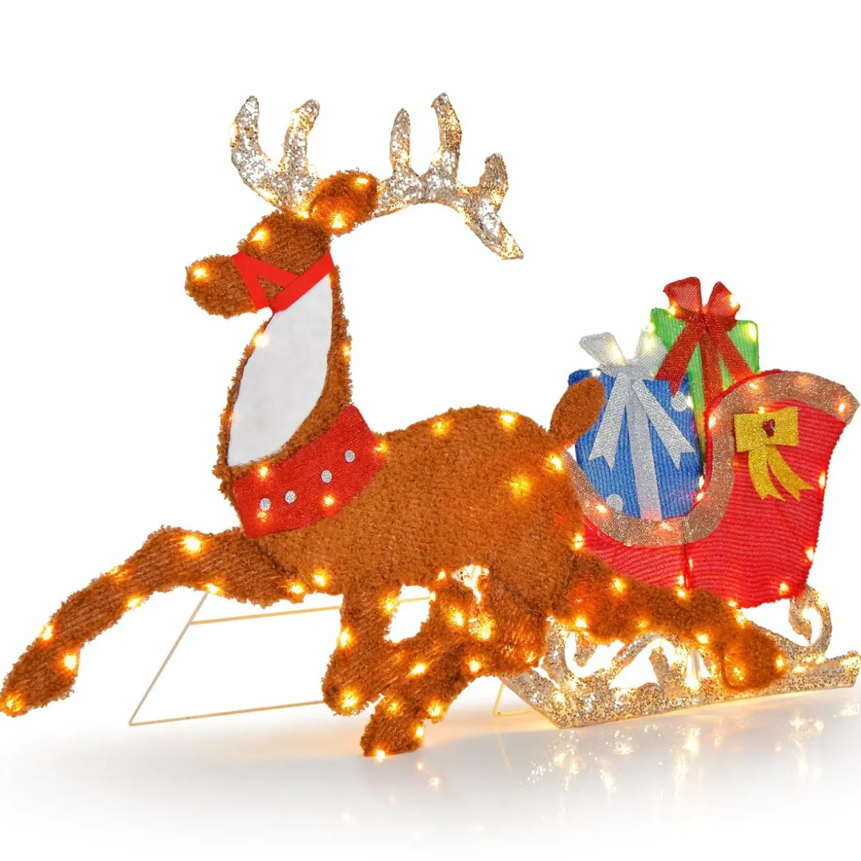 Tangkula 5.6 FT Lighted Christmas Reindeer with Sleigh Decoration