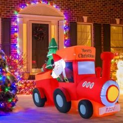 Tangkula 8.6 FT Lighted Christmas Inflatable Santa Claus on Train with Deer & Christmas Tree