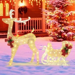Tangkula 4.7 FT Lighted Christmas Reindeer & Sleigh, Xmas Lighted Outdoor Decoration with 100 Warm Lights