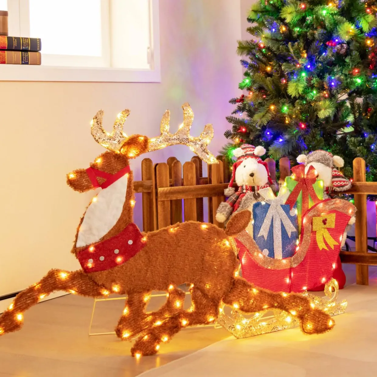 Tangkula 5.6 FT Lighted Christmas Reindeer with Sleigh Decoration