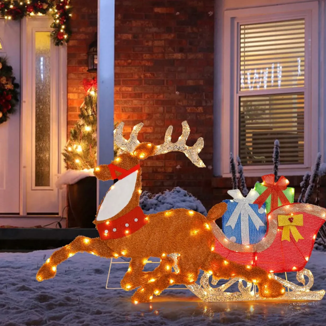 Tangkula 5.6 FT Lighted Christmas Reindeer with Sleigh Decoration