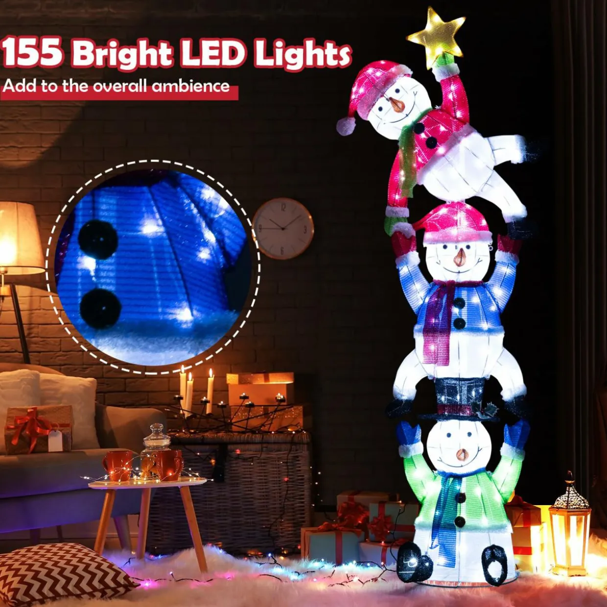 Tangkula 6 FT Lighted Christmas Stacked Snowman Set, Light-up Christmas Decoration with 155 LED Lights