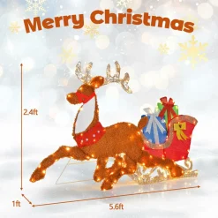 Tangkula 5.6 FT Lighted Christmas Reindeer with Sleigh Decoration