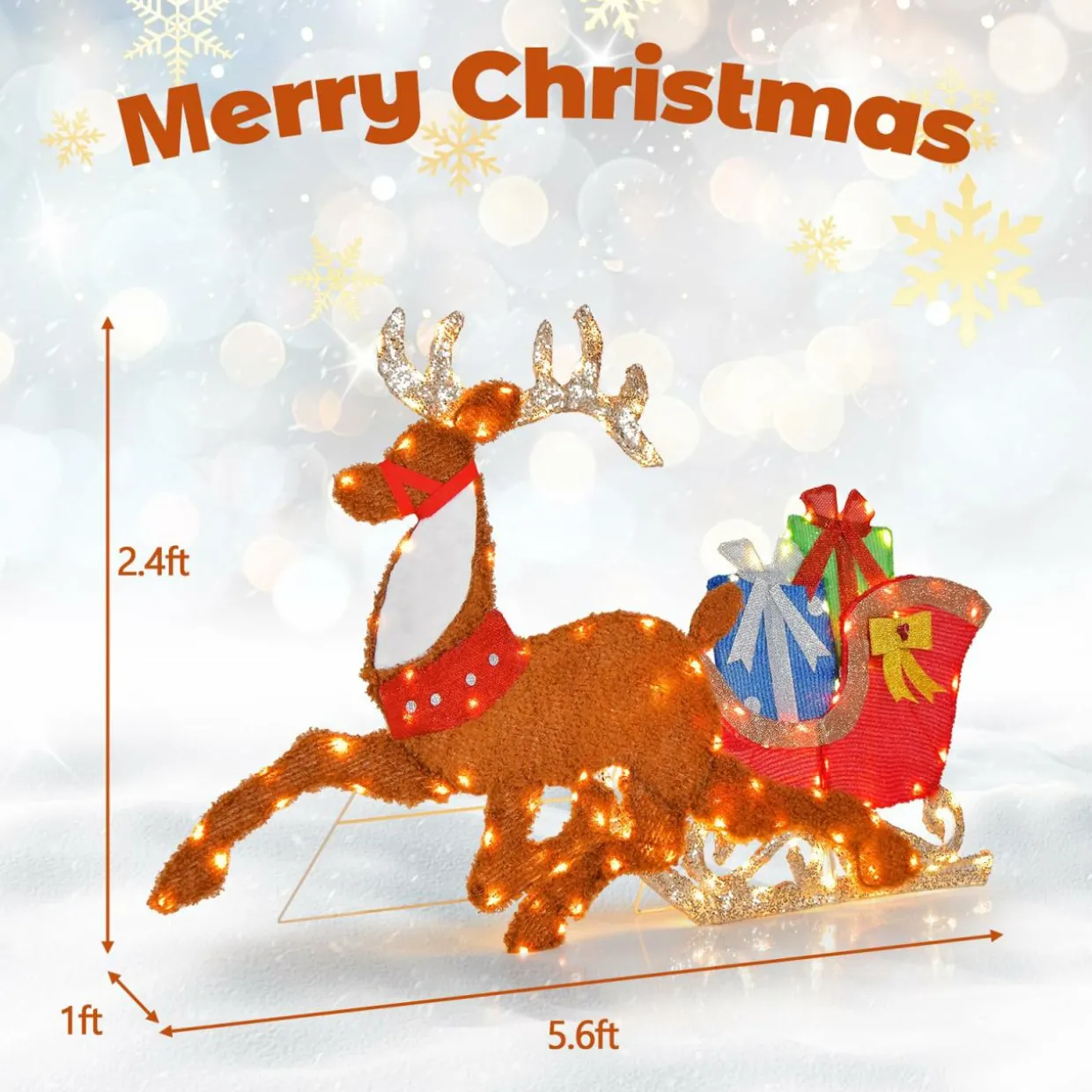 Tangkula 5.6 FT Lighted Christmas Reindeer with Sleigh Decoration
