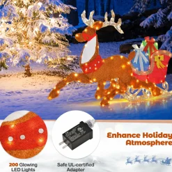 Tangkula 5.6 FT Lighted Christmas Reindeer with Sleigh Decoration