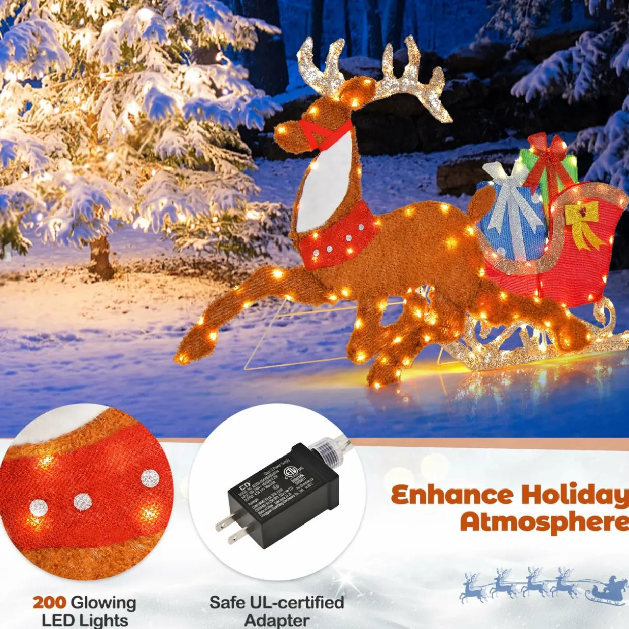 Tangkula 5.6 FT Lighted Christmas Reindeer with Sleigh Decoration
