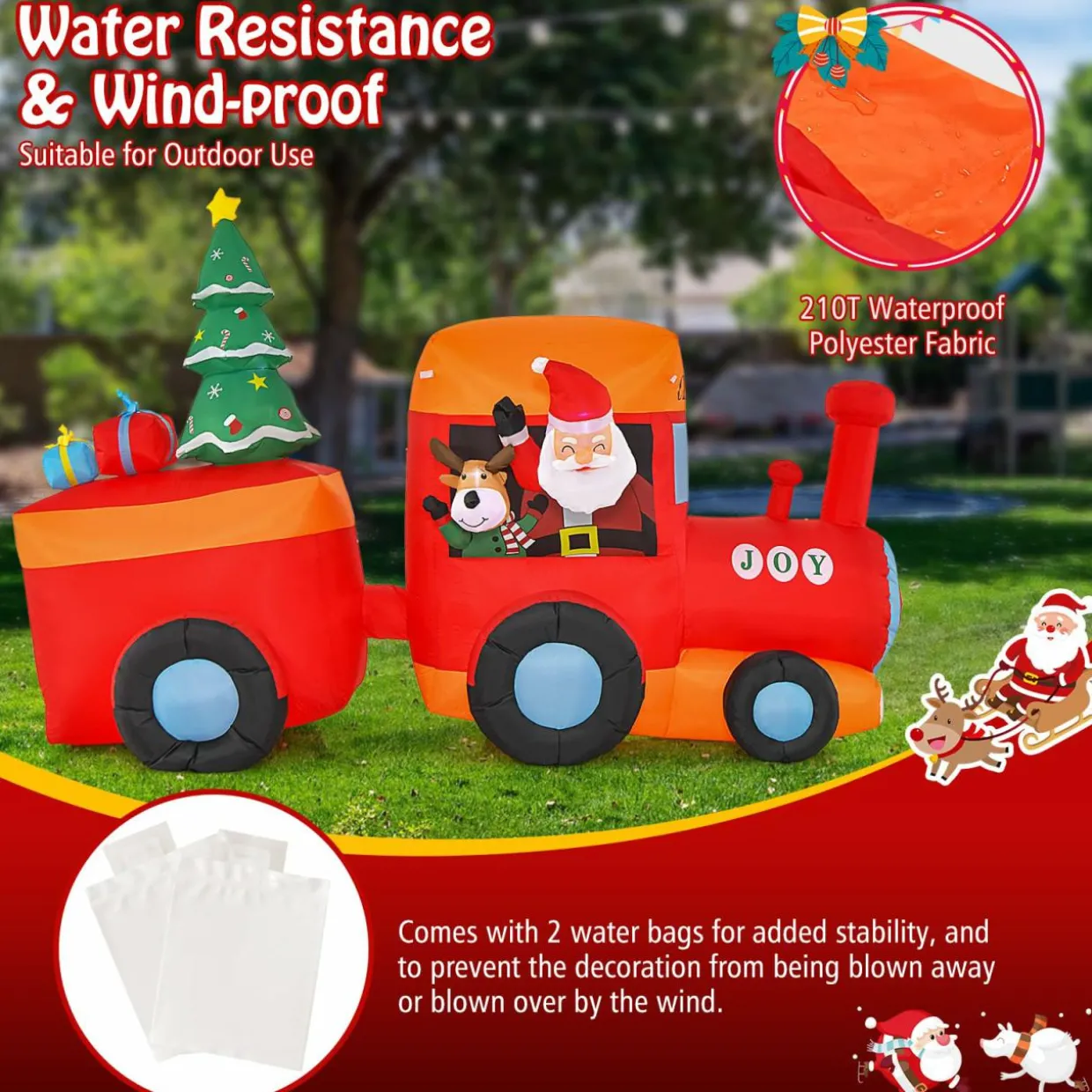 Tangkula 8.6 FT Lighted Christmas Inflatable Santa Claus on Train with Deer & Christmas Tree