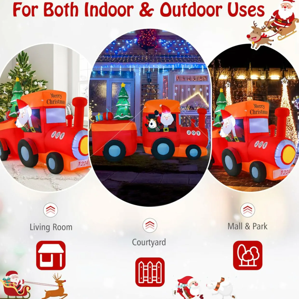 Tangkula 8.6 FT Lighted Christmas Inflatable Santa Claus on Train with Deer & Christmas Tree