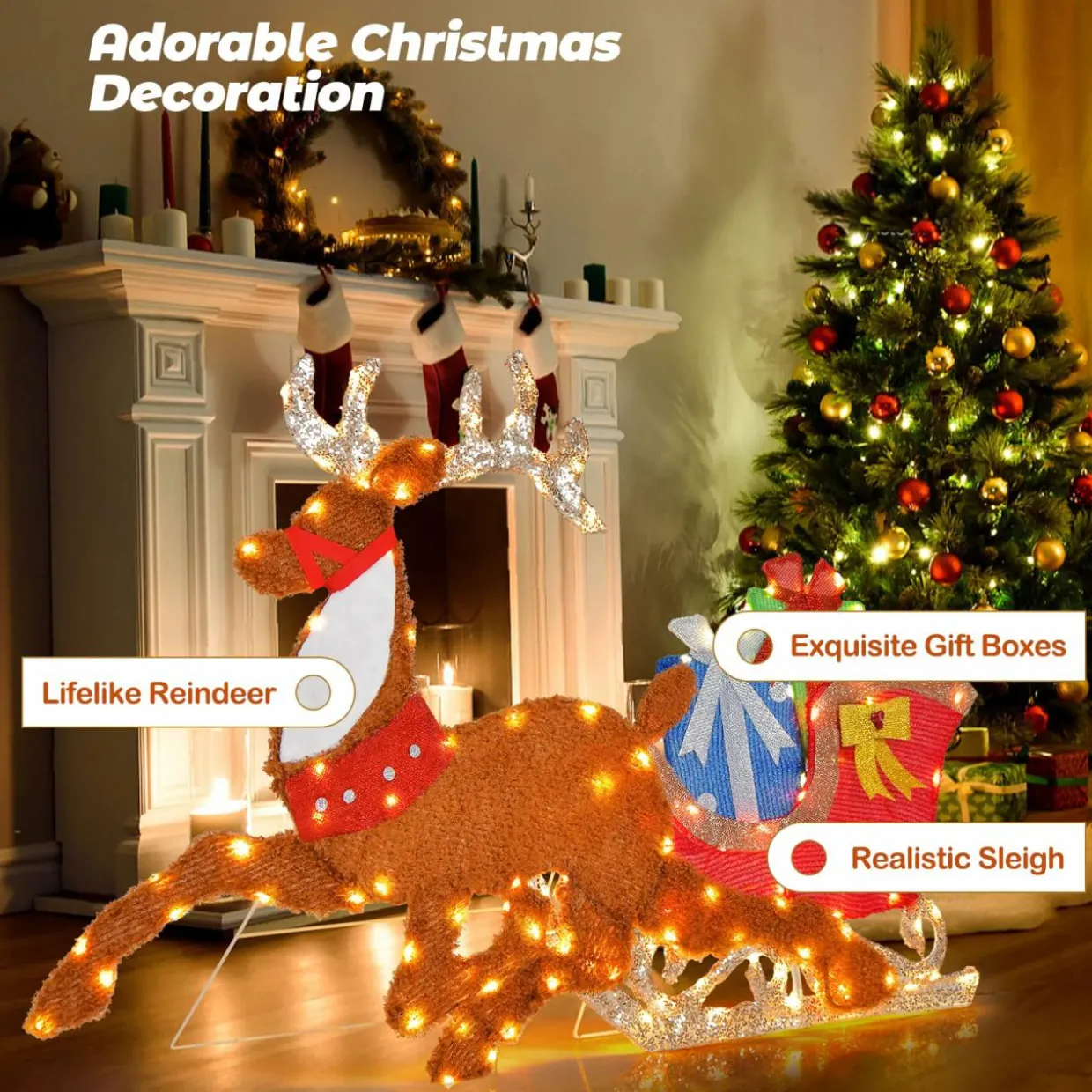 Tangkula 5.6 FT Lighted Christmas Reindeer with Sleigh Decoration