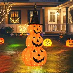 Tangkula 5 FT Lighted Halloween Collapsible Stacked Pumpkins with Witch Hat, 100 LED Lights
