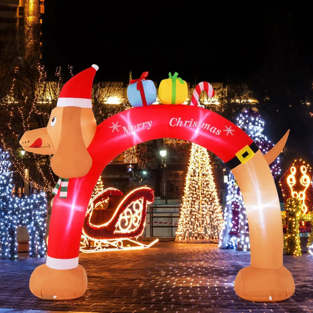 Tangkula 10 FT Lighted Inflatable Christmas Dachshund Arch, Blow Up Christmas Arch w/LEDs & Built-in Air Blower