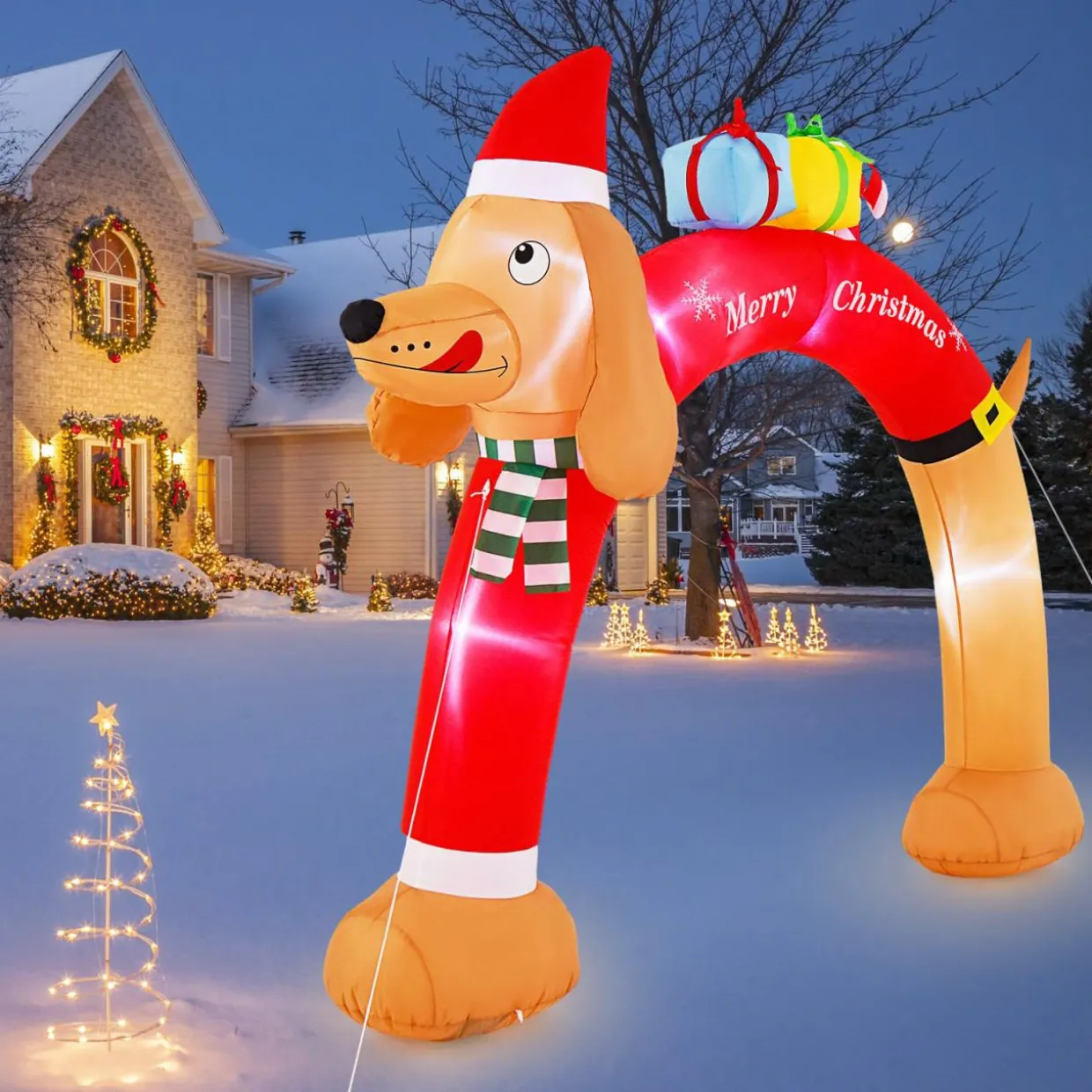 Tangkula 10 FT Lighted Inflatable Christmas Dachshund Arch, Blow Up Christmas Arch w/LEDs & Built-in Air Blower