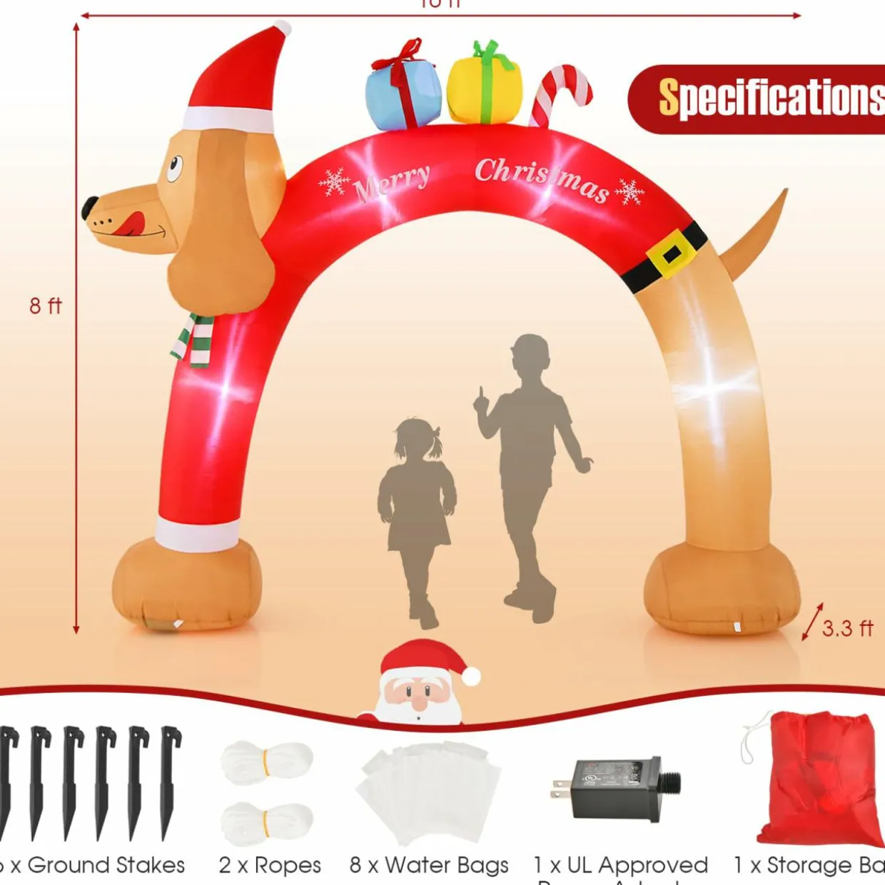 Tangkula 10 FT Lighted Inflatable Christmas Dachshund Arch, Blow Up Christmas Arch w/LEDs & Built-in Air Blower