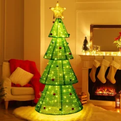 Tangkula 6.2 FT Lighted Pop-up Christmas Tree, Indoor/Outdoor Pre-Lit Xmas Tree with 200 LED Lights
