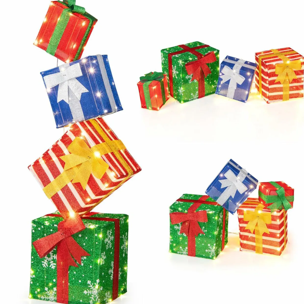 Tangkula 4 FT Lighted Stacked Gift Boxes, Light up Box Tower Christmas Decorations with Built-in LED Lights & Decorative Bows