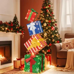 Tangkula 4 FT Lighted Stacked Gift Boxes, Light up Box Tower Christmas Decorations with Built-in LED Lights & Decorative Bows
