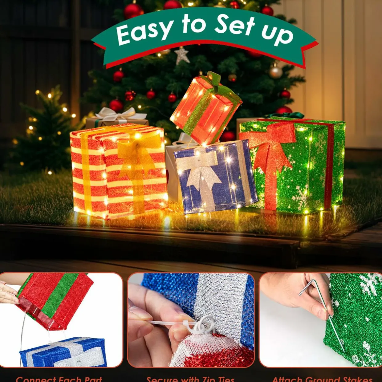 Tangkula 4 FT Lighted Stacked Gift Boxes, Light up Box Tower Christmas Decorations with Built-in LED Lights & Decorative Bows