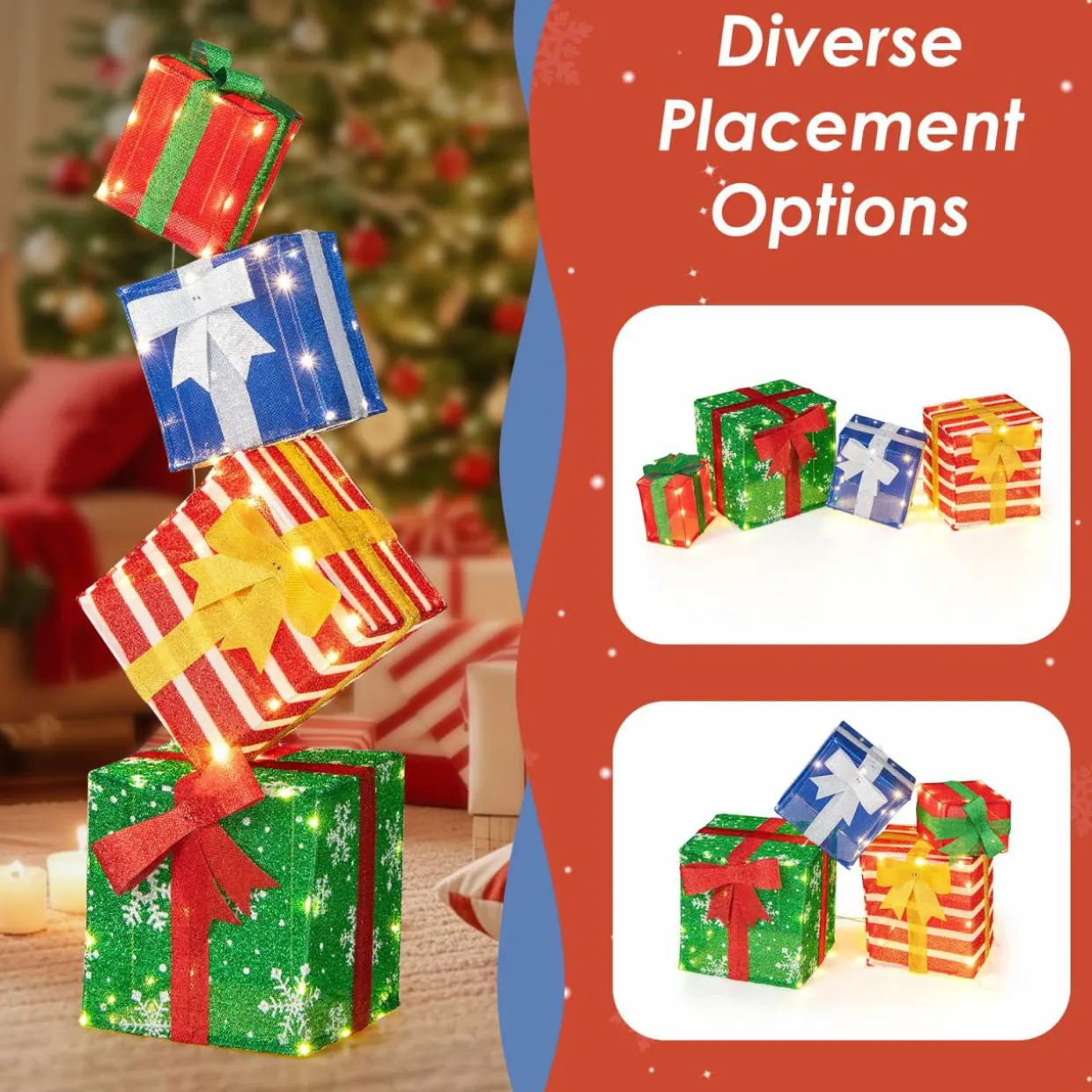 Tangkula 4 FT Lighted Stacked Gift Boxes, Light up Box Tower Christmas Decorations with Built-in LED Lights & Decorative Bows