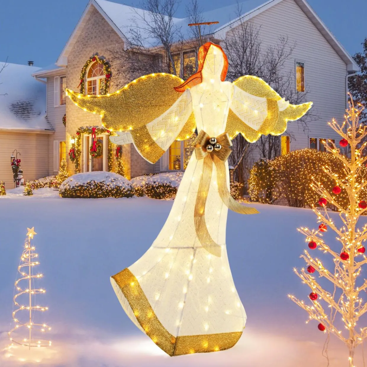 Tangkula 5.2 FT Outdoor Christmas Lighted Angel, Xmas Pre-lit 3D Winged Angel with Halo