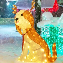 Tangkula 3.7 FT Outdoor Christmas Lighted Dog, 3D Xmas Beagle Dog with Antler, Furry Surface & 164 Warm White LED Lights
