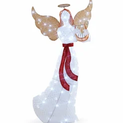 Tangkula 5 FT Outdoor Christmas Lighted Angel, Xmas Yard Pre-Lit Angel with Harp, Halo & 120 Cold White LED Lights