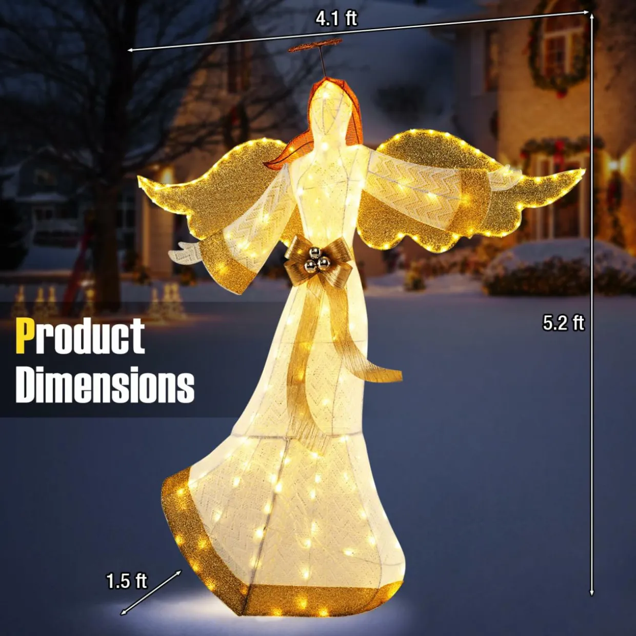 Tangkula 5.2 FT Outdoor Christmas Lighted Angel, Xmas Pre-lit 3D Winged Angel with Halo