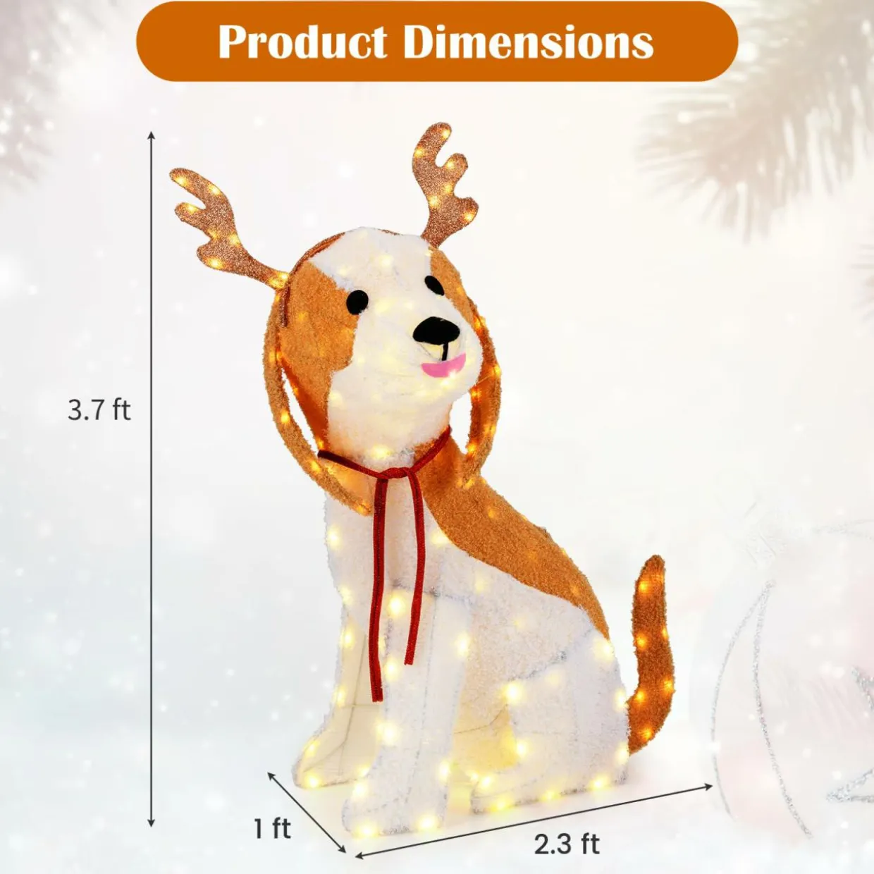 Tangkula 3.7 FT Outdoor Christmas Lighted Dog, 3D Xmas Beagle Dog with Antler, Furry Surface & 164 Warm White LED Lights