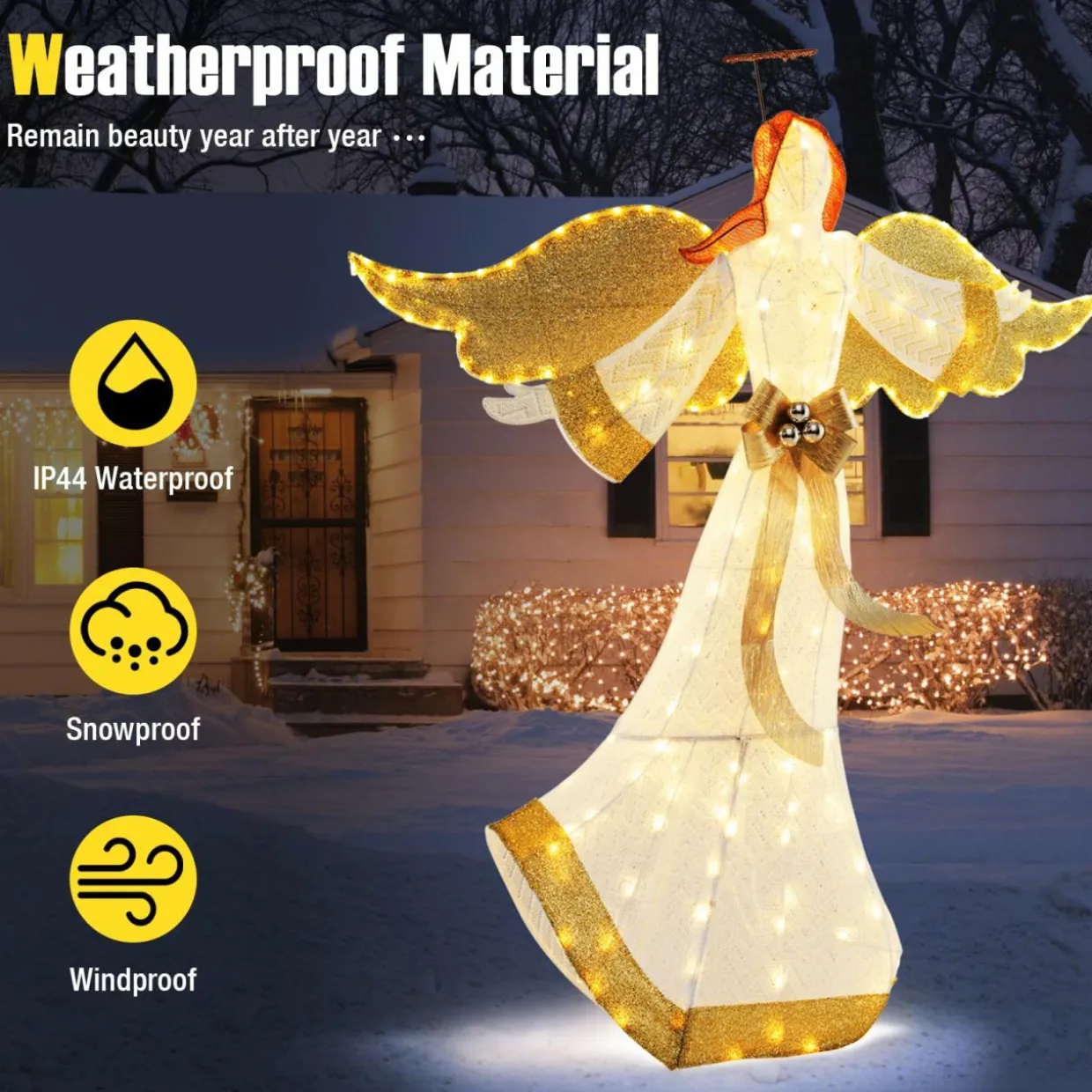 Tangkula 5.2 FT Outdoor Christmas Lighted Angel, Xmas Pre-lit 3D Winged Angel with Halo
