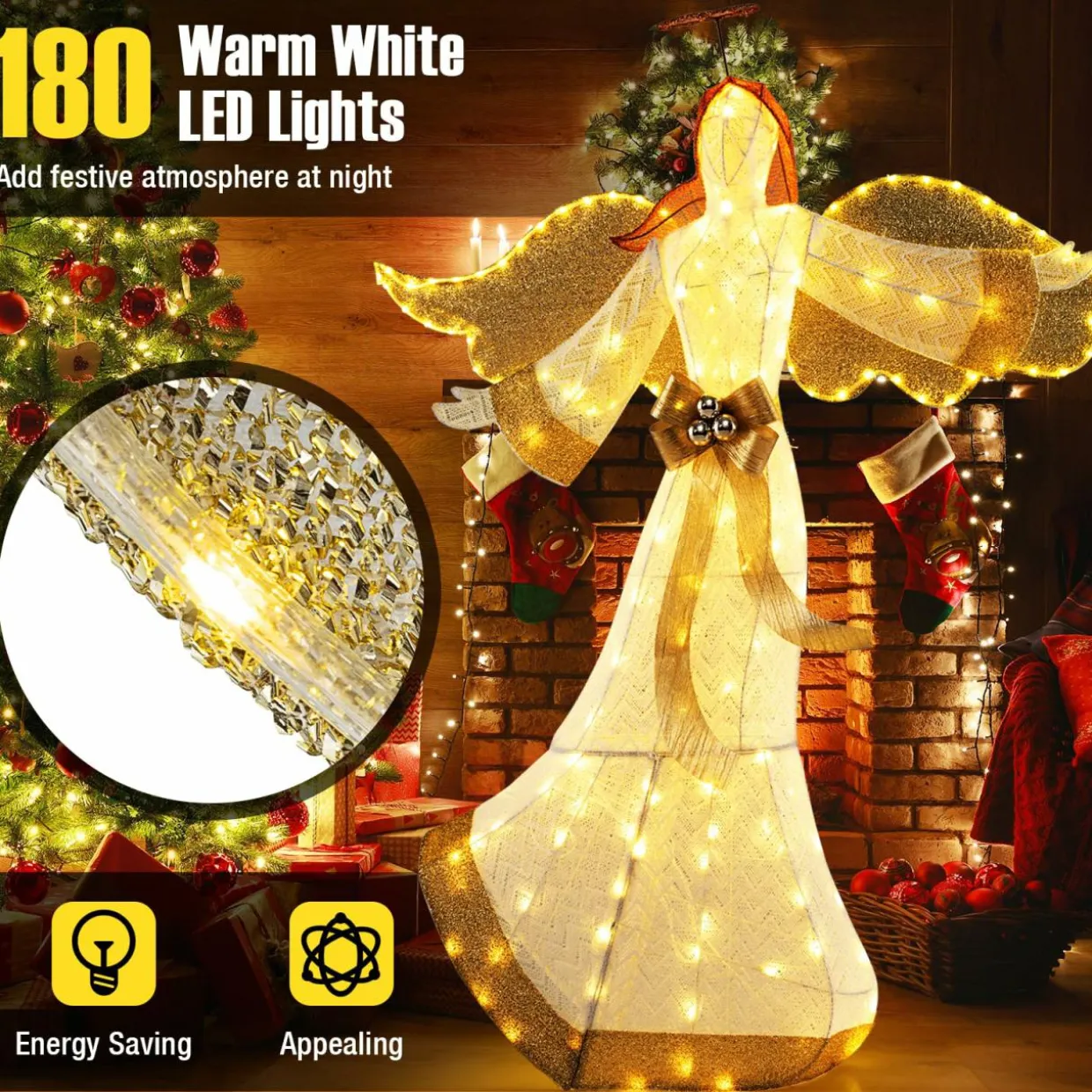 Tangkula 5.2 FT Outdoor Christmas Lighted Angel, Xmas Pre-lit 3D Winged Angel with Halo