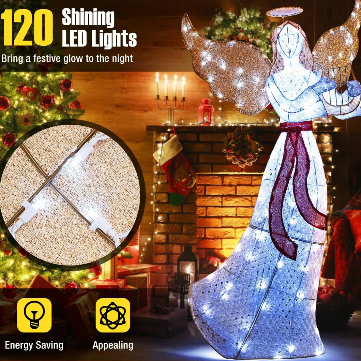 Tangkula 5 FT Outdoor Christmas Lighted Angel, Xmas Yard Pre-Lit Angel with Harp, Halo & 120 Cold White LED Lights