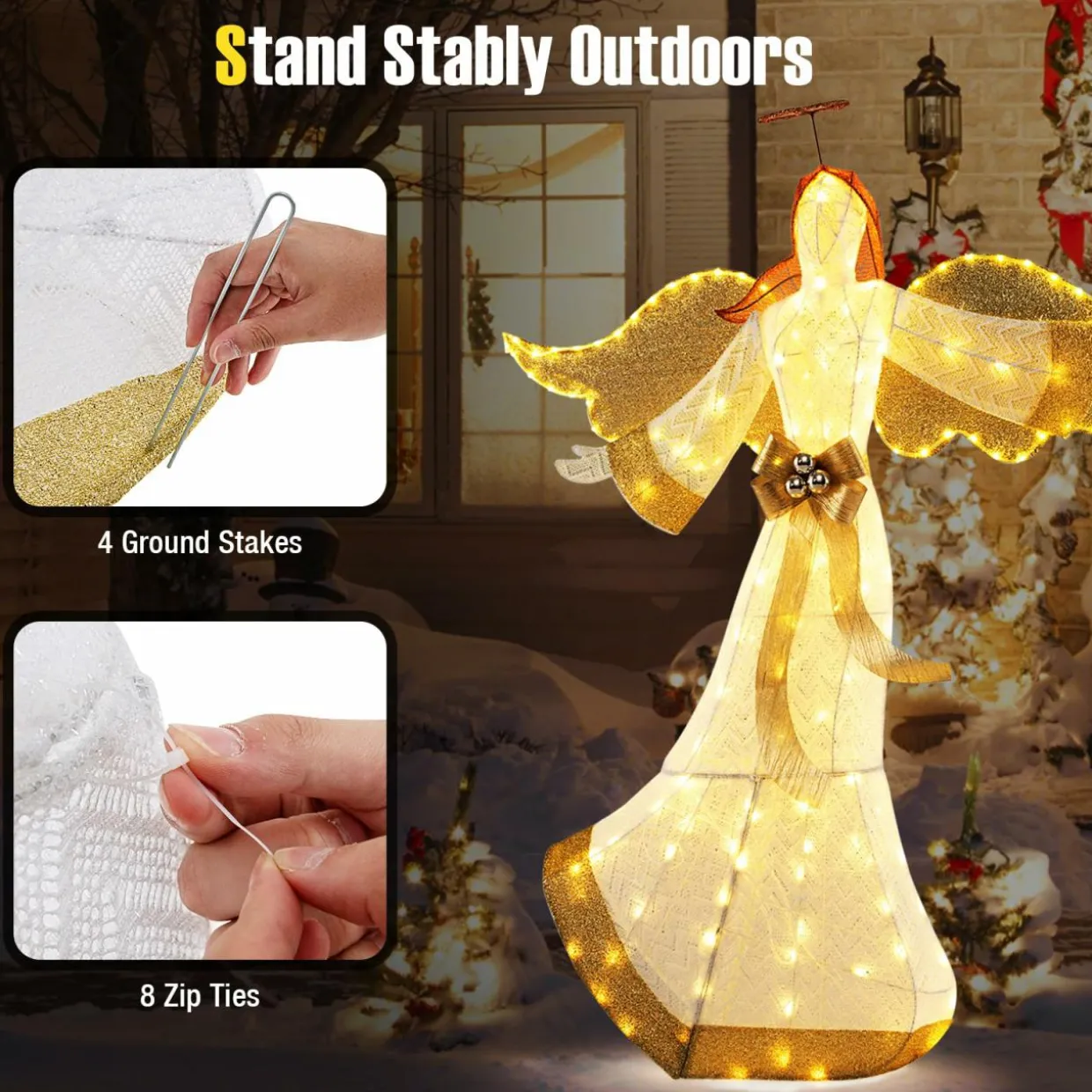 Tangkula 5.2 FT Outdoor Christmas Lighted Angel, Xmas Pre-lit 3D Winged Angel with Halo