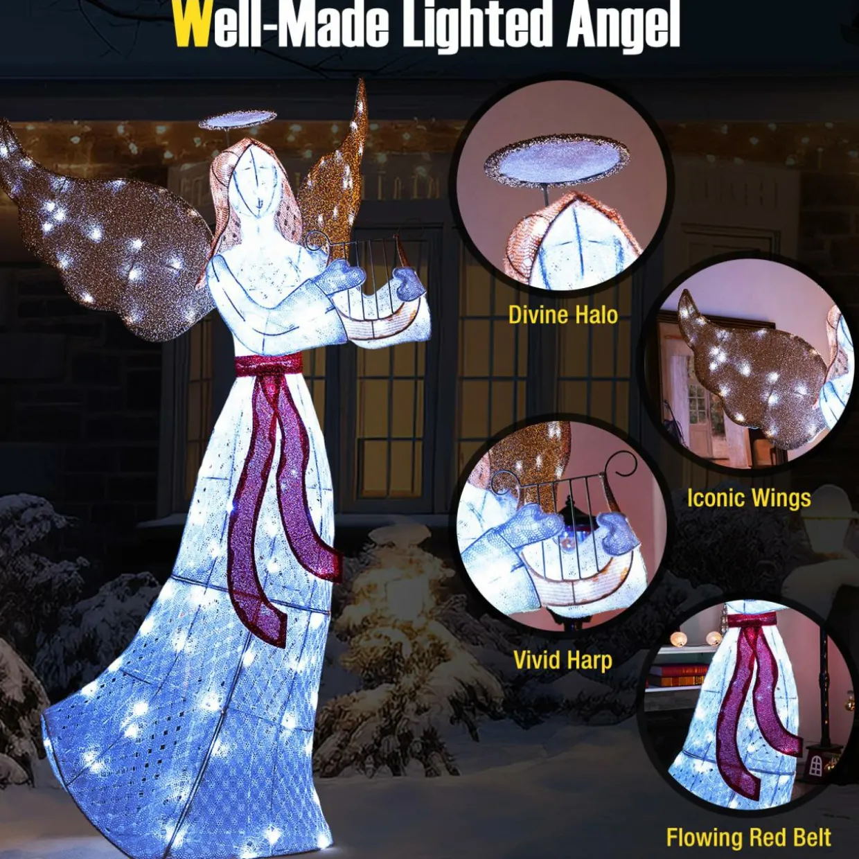 Tangkula 5 FT Outdoor Christmas Lighted Angel, Xmas Yard Pre-Lit Angel with Harp, Halo & 120 Cold White LED Lights