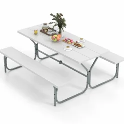 Tangkula 6 Ft Picnic Table, Outdoor Picnic Table with 2 Built-in Benches, Umbrella Hole, Metal Frame & HDPE Tabletop