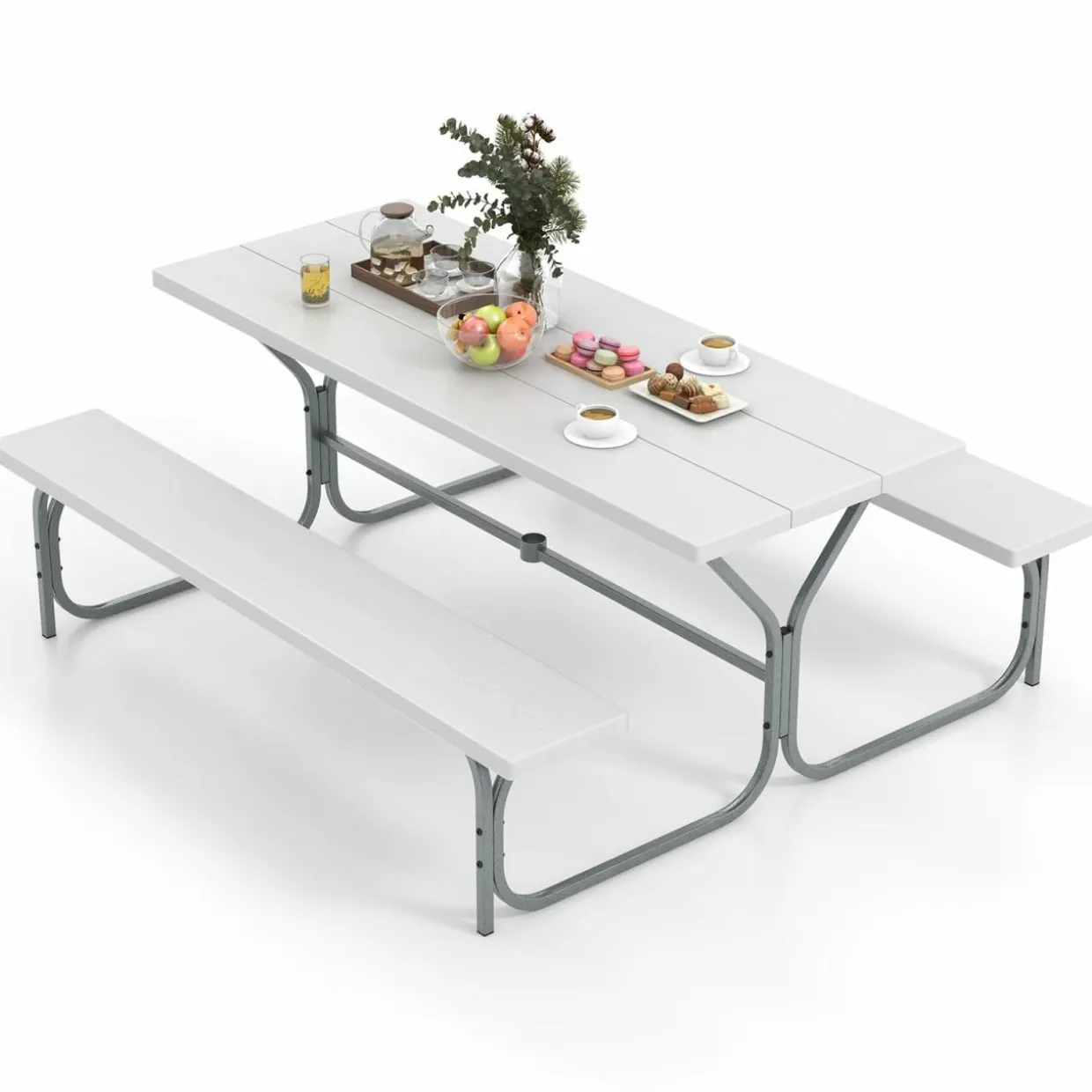 Tangkula 6 Ft Picnic Table, Outdoor Picnic Table with 2 Built-in Benches, Umbrella Hole, Metal Frame & HDPE Tabletop