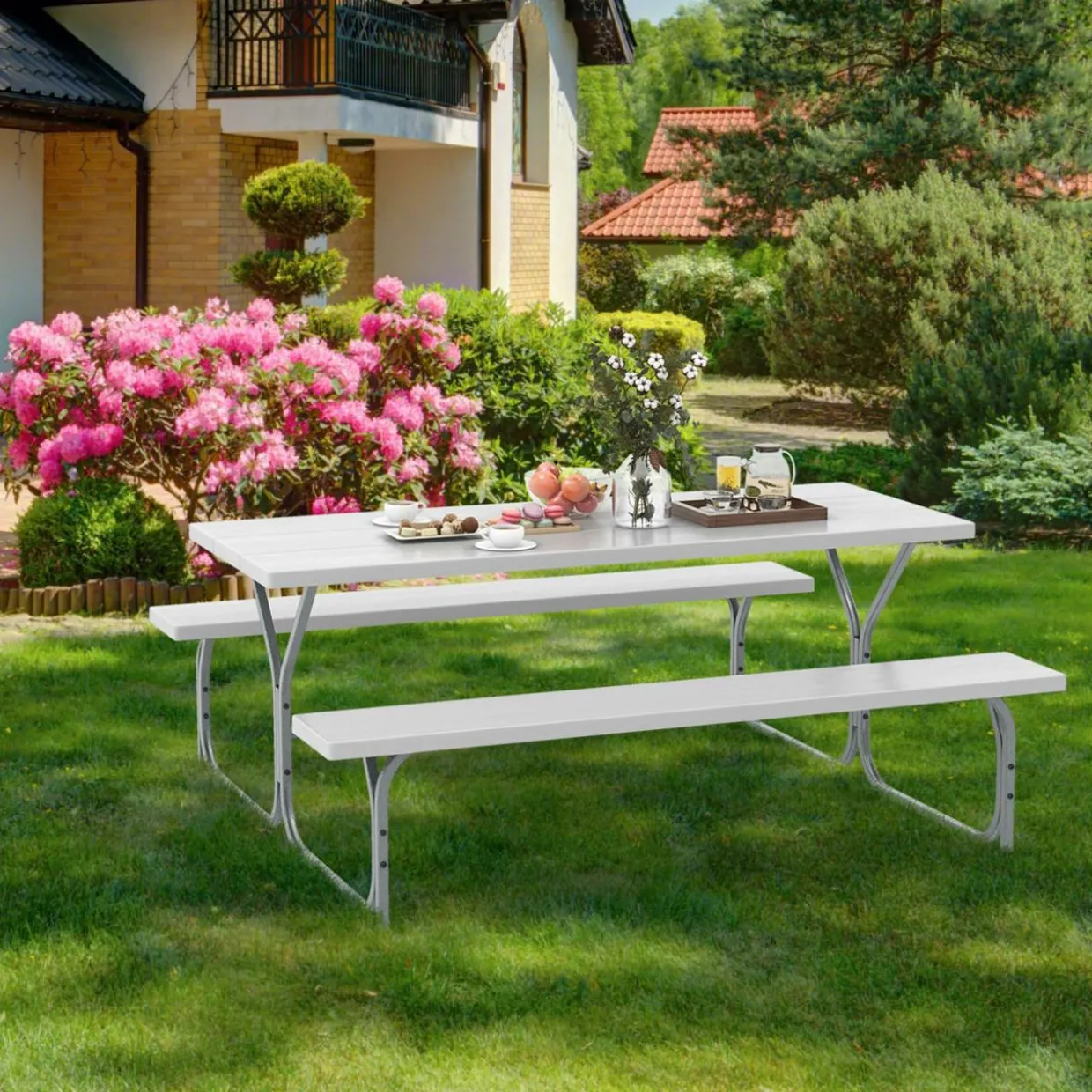 Tangkula 6 Ft Picnic Table, Outdoor Picnic Table with 2 Built-in Benches, Umbrella Hole, Metal Frame & HDPE Tabletop