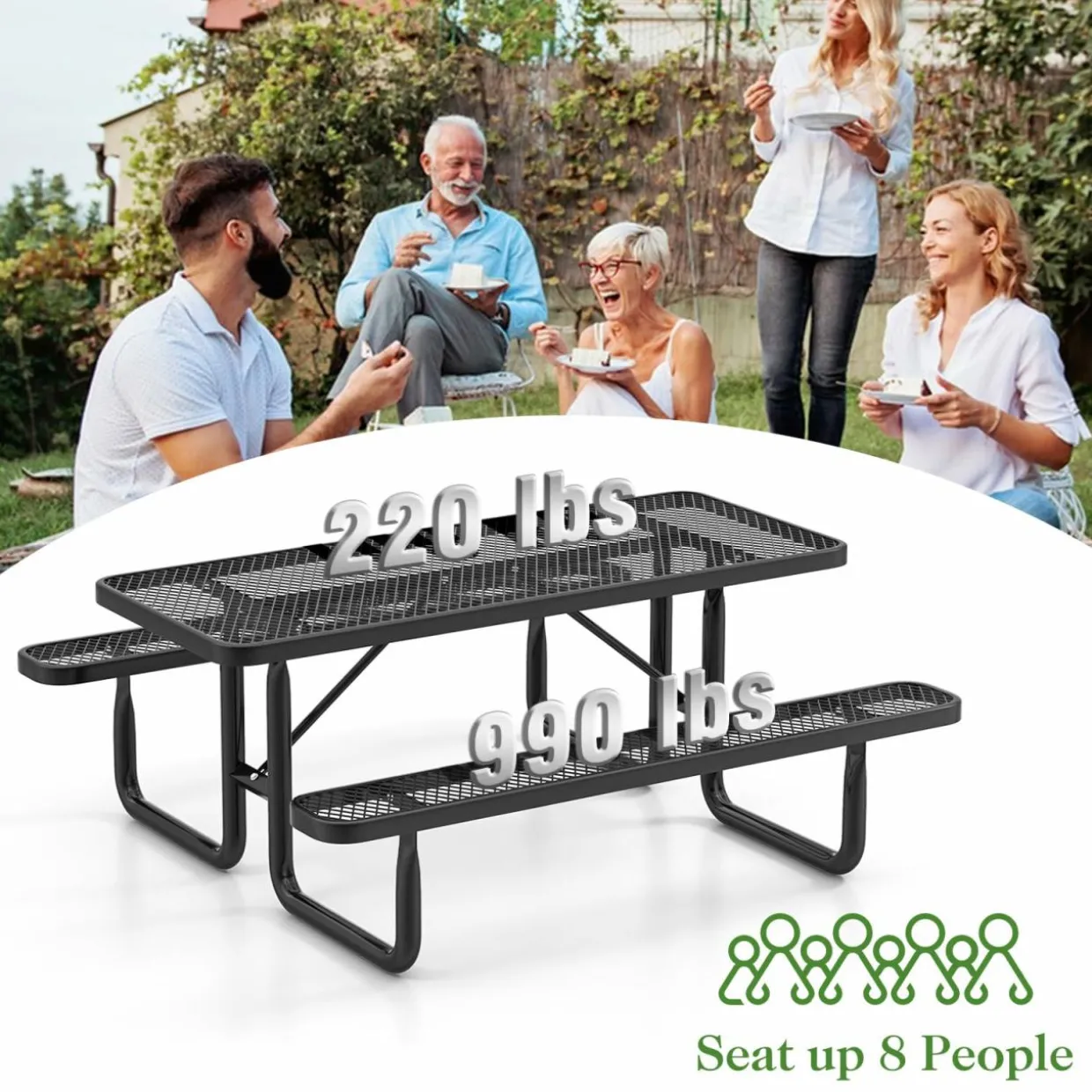 Tangkula 6 Ft Picnic Table, 8 Person Rectangular Commercial Grade Outdoor Picnic Table with 2 Built-in Benches