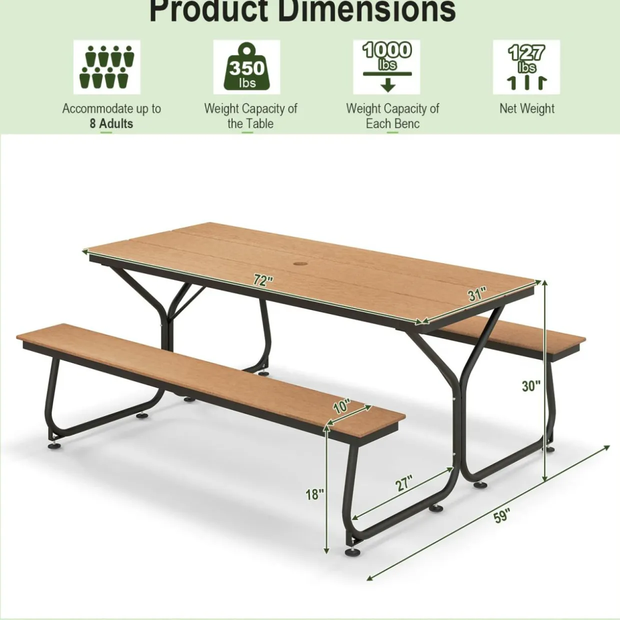 Tangkula 6 FT Picnic Table Bench Set, Outdoor Dining Table & 2 Benches with Heavy-Duty Metal Frame & All-Weather HDPE Tabletop