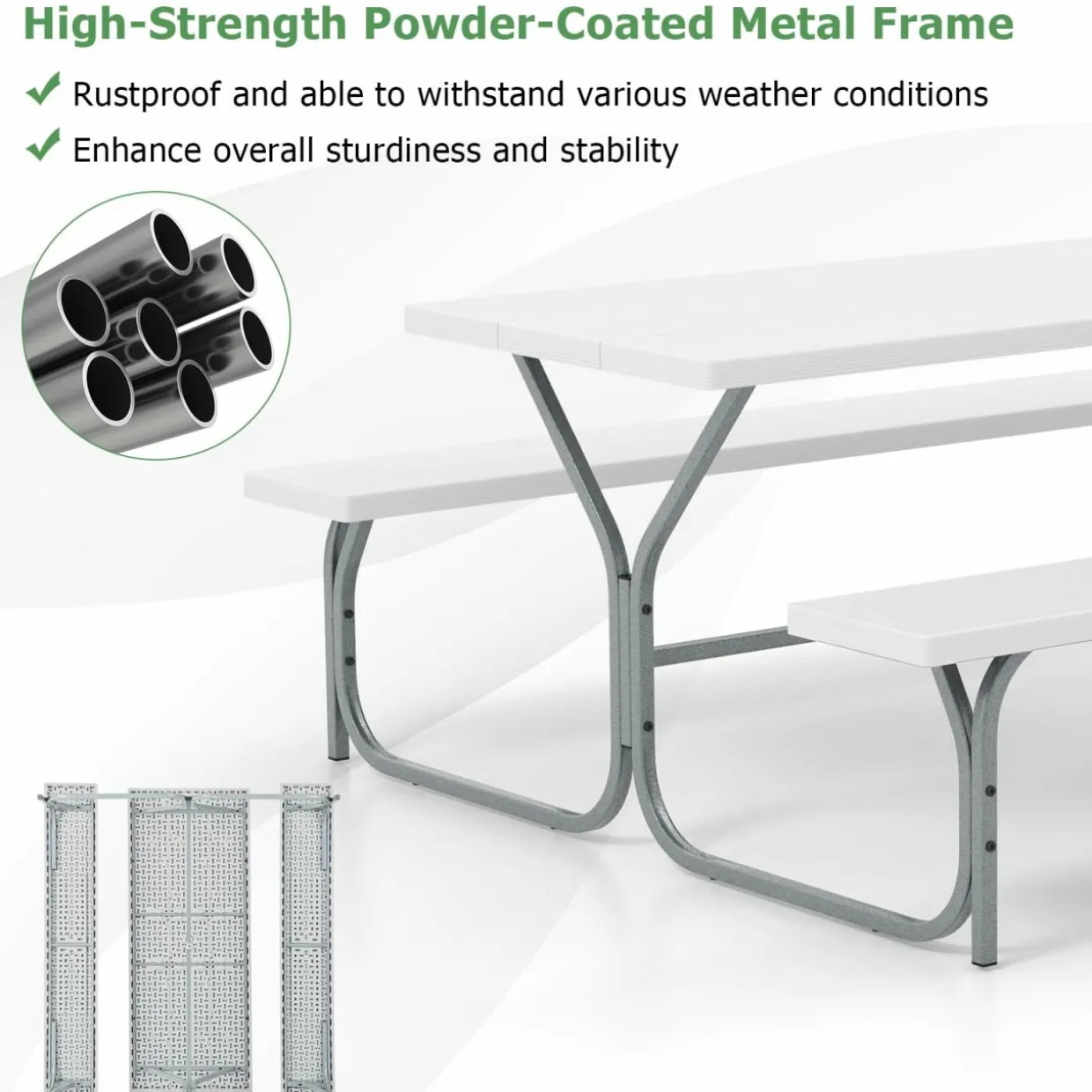 Tangkula 6 Ft Picnic Table, Outdoor Picnic Table with 2 Built-in Benches, Umbrella Hole, Metal Frame & HDPE Tabletop