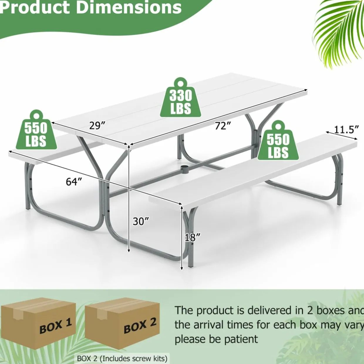 Tangkula 6 Ft Picnic Table, Outdoor Picnic Table with 2 Built-in Benches, Umbrella Hole, Metal Frame & HDPE Tabletop
