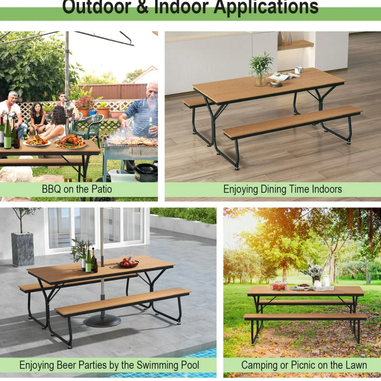 Tangkula 6 FT Picnic Table Bench Set, Outdoor Dining Table & 2 Benches with Heavy-Duty Metal Frame & All-Weather HDPE Tabletop
