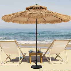 Tangkula 9 ft Thatched Patio Umbrella, 2 Tier Hawaiian Style Grass Beach Umbrella with 8 Ribs