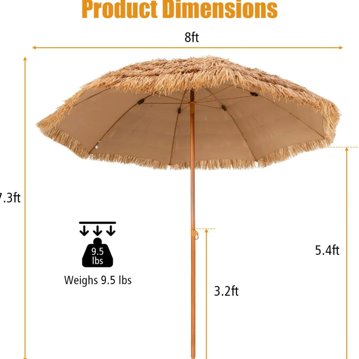 Tangkula 8 FT Thatched Patio Umbrella, Hawaiian Style Grass Beach Umbrella with 8 Ribs